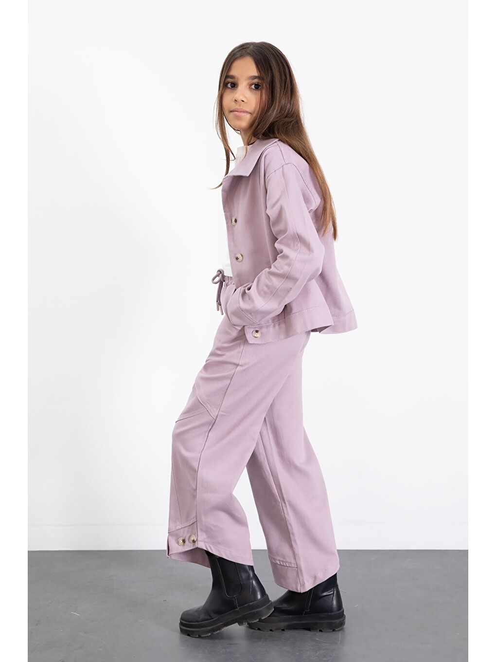 Pembe Çift Düğme Detay Gömlekli Pantolonlu Kız Çocuk Gabardin Takım 23540-3