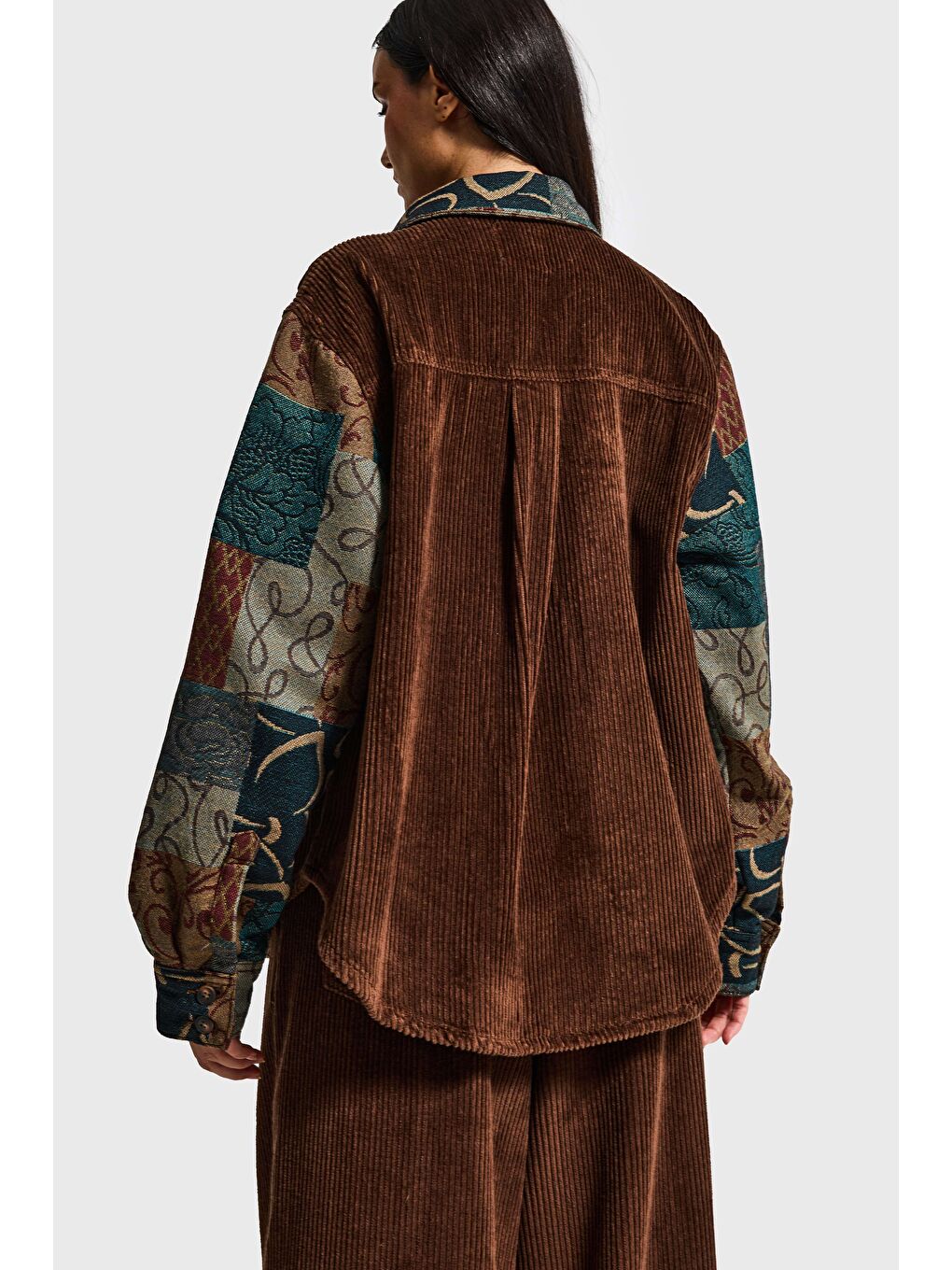 Kahverengi Kadın Kahve Etnik Desen 26w5-42 Oversize Fitilli Velvet Kadife Kumaş Tasarım Ceket-5