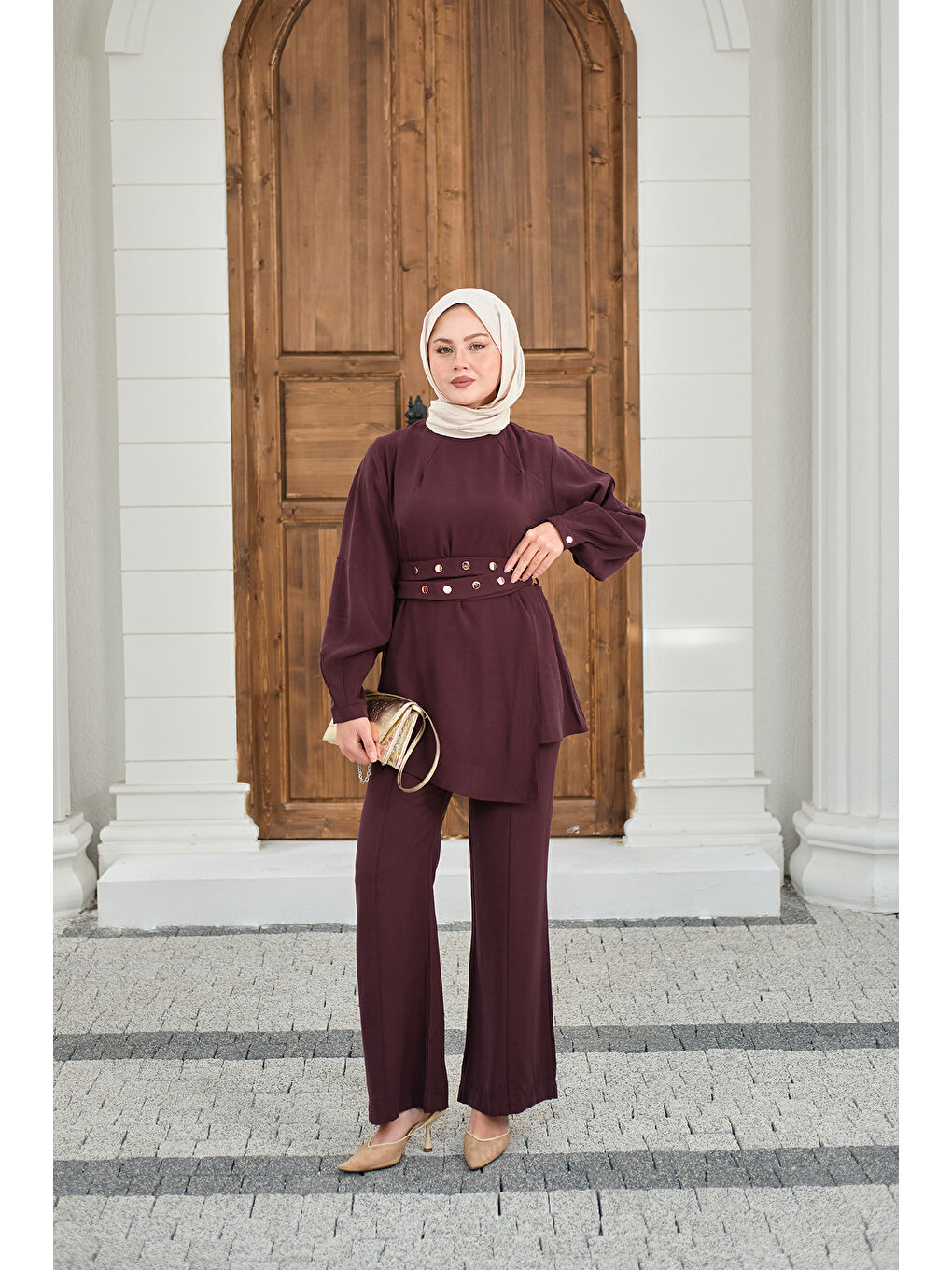 Kadın Gold Çıtçıt Kemerli Pantolonlu Takım Mürdüm-4