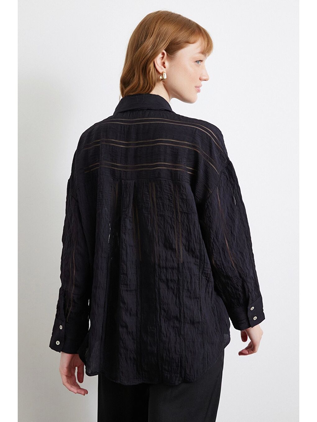 Organze Çizgili Gömlek Siyah-5