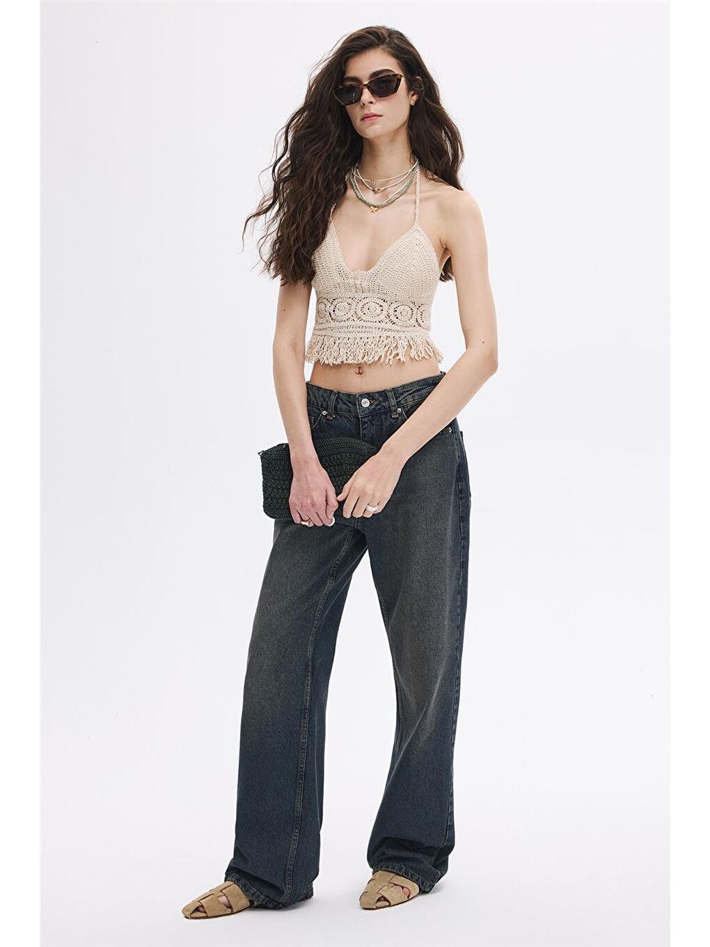 Bej Püsküllü Crop Top-1