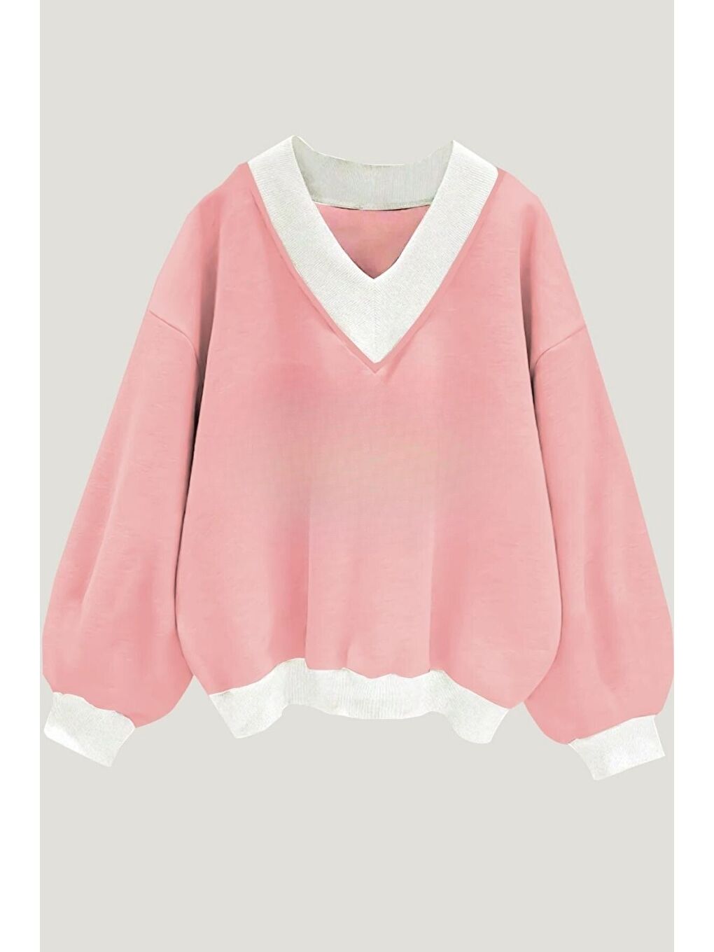 Trendseninle Kadın Pudra Pembe Düz V Yaka Oversize Sweatshirt