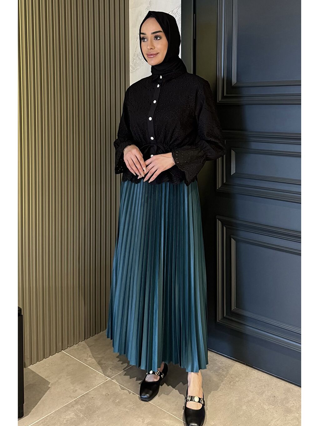 Yeşil Kadın Piliseli Tesettür Etek-1