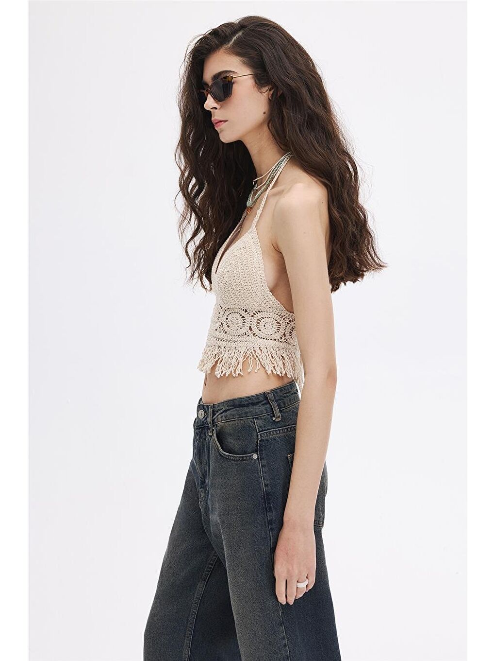 Bej Püsküllü Crop Top-2