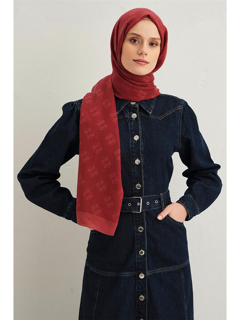 Bordo Lyocell İpek Minimal Monogram Desen Şal 32109