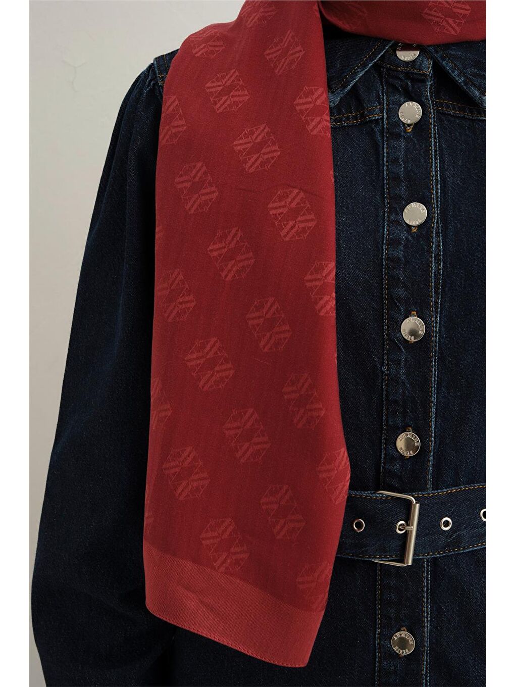 Bordo Lyocell İpek Minimal Monogram Desen Şal 32109-1