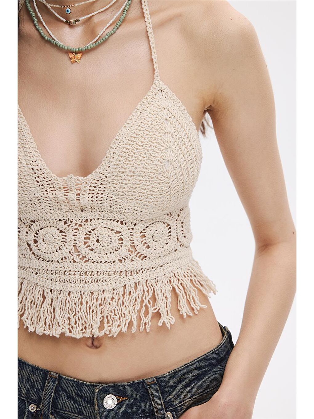 Bej Püsküllü Crop Top-3