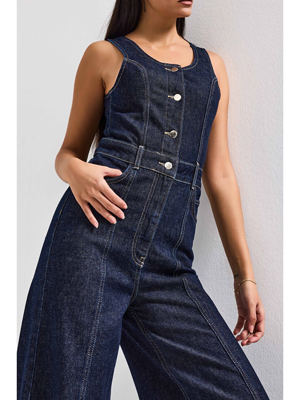 Kadın İndigo Renk 7S6-50 Palazzo Fit %100 Pamuk Denim Slopet Tulum-1