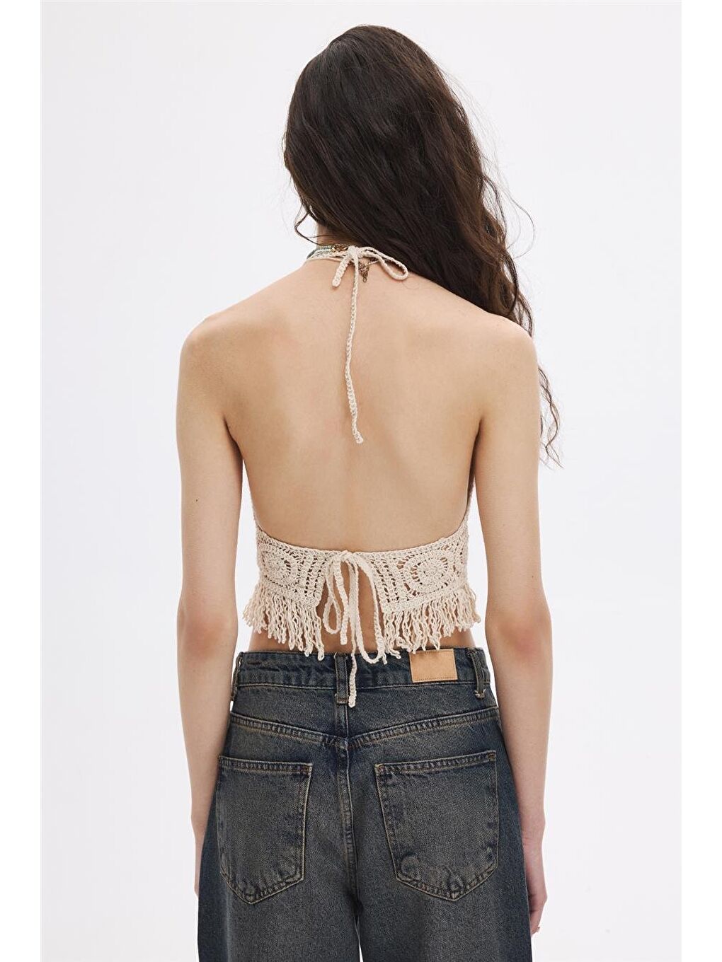 Bej Püsküllü Crop Top-4