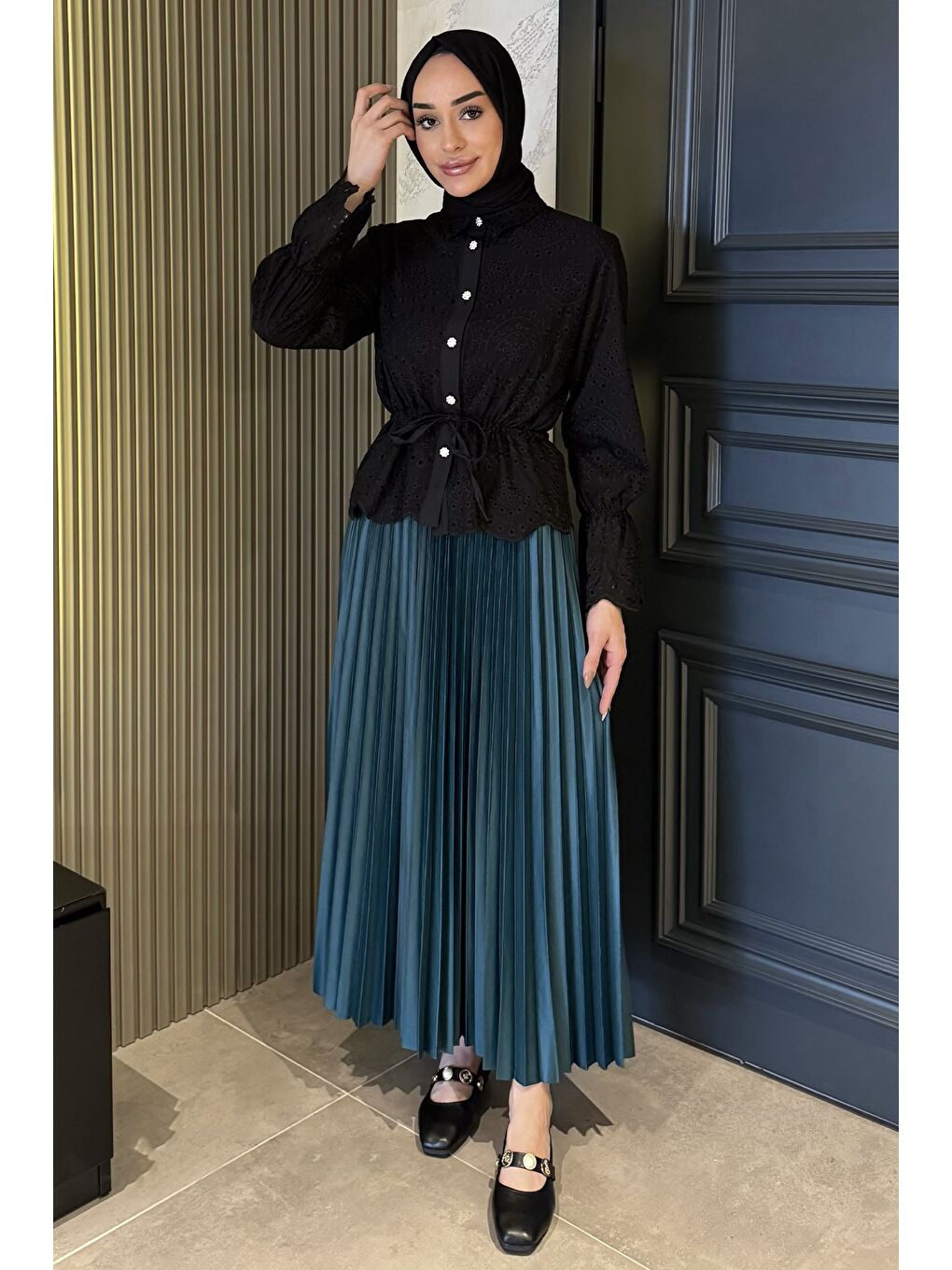 Yeşil Kadın Piliseli Tesettür Etek-3