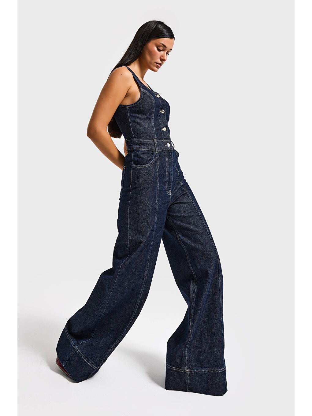 Kadın İndigo Renk 7S6-50 Palazzo Fit %100 Pamuk Denim Slopet Tulum-2