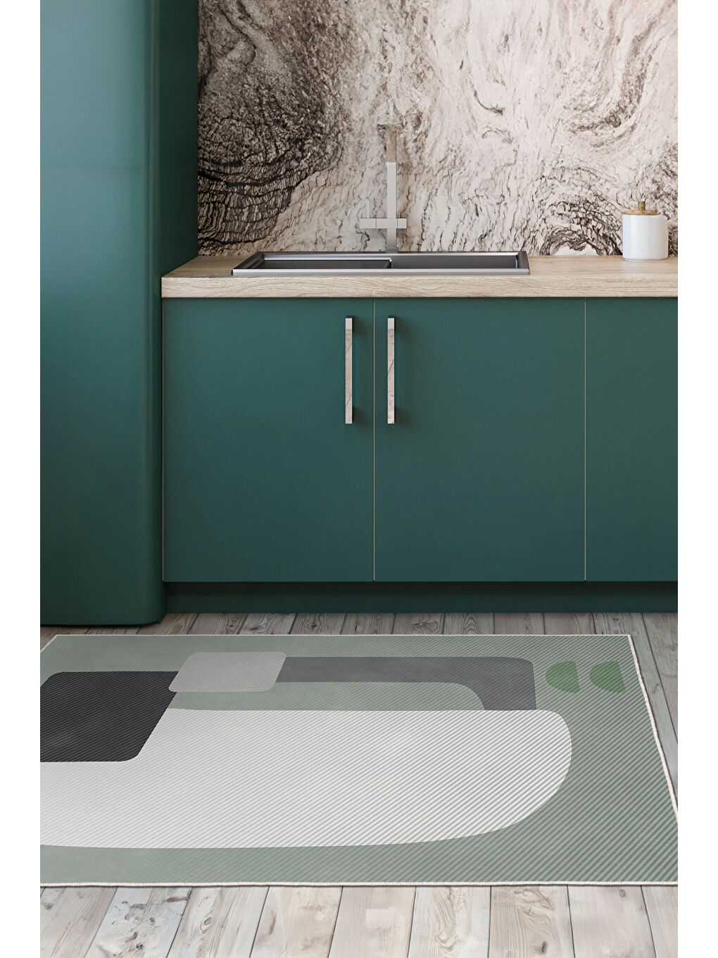 Yeşil Dekoratif Salon Halısı, Makinada Yıkanabilir, Kaymaz Taban, İnce & Modern Tasarım-3