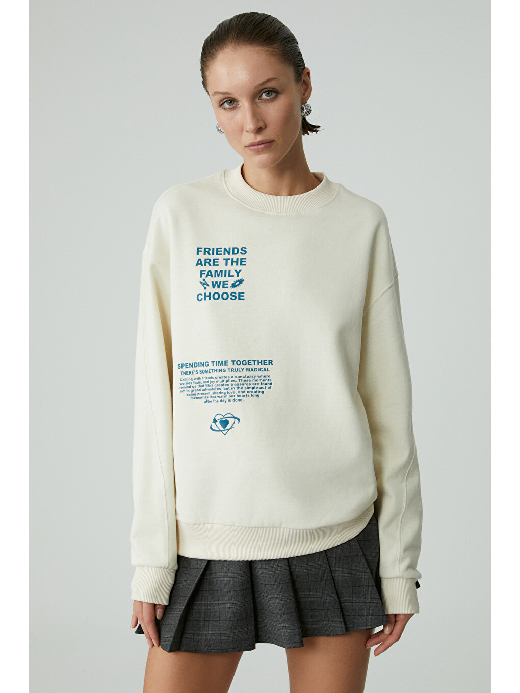 Modelıta Kadın Regular Baskılı Yuvarlak Yaka Ekru Sweatshirt Ekru Sweatshirt-2
