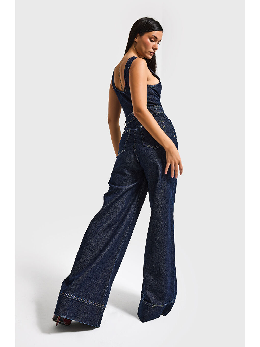 Kadın İndigo Renk 7S6-50 Palazzo Fit %100 Pamuk Denim Slopet Tulum-3