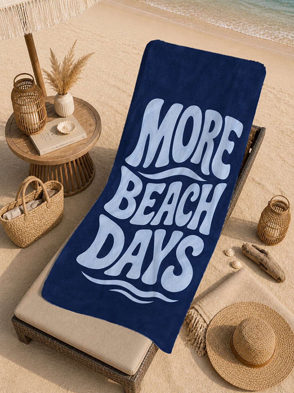 Retro More Beach Days Yazılı Lacivert Tipografik Desenli 70x150 Plaj Havlusu - Pamuklu Banyo Havlusu-3