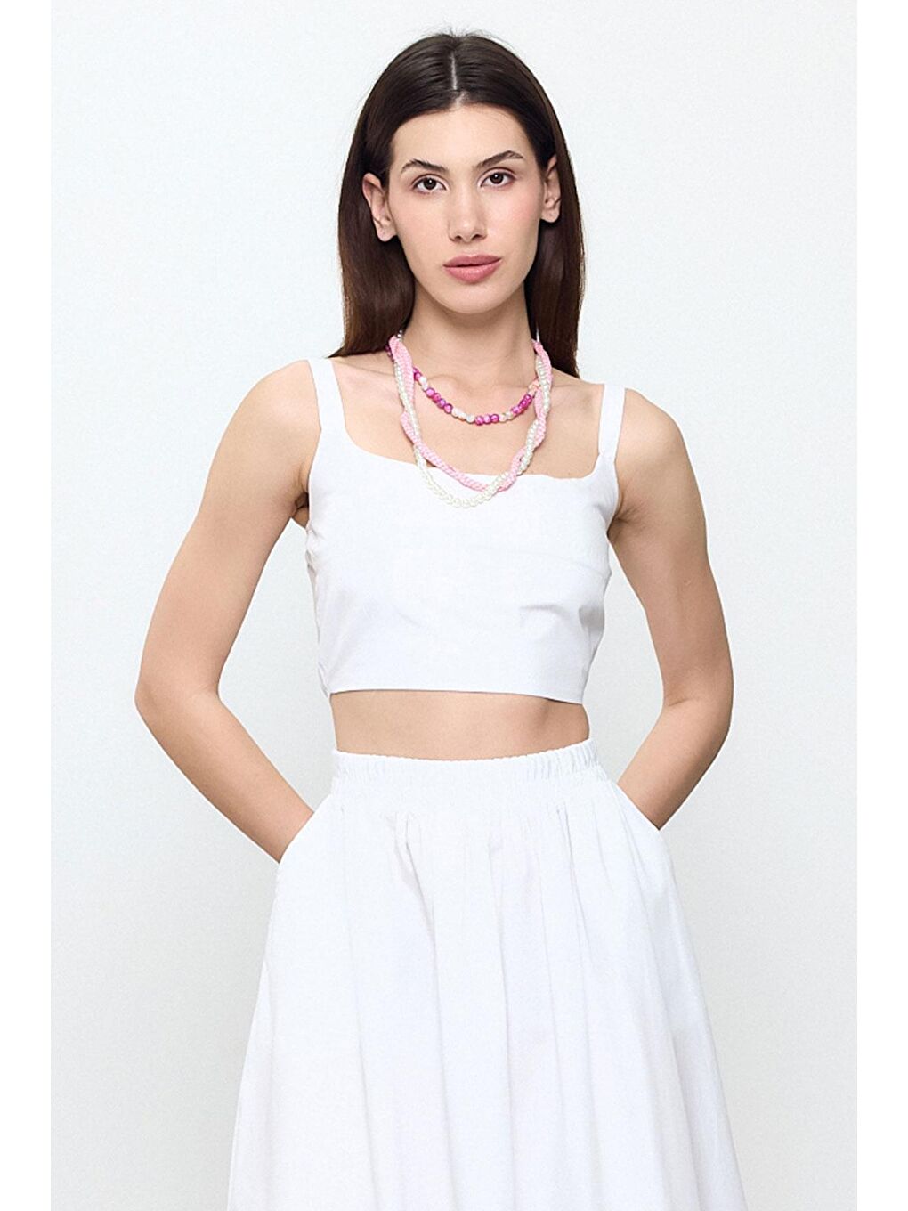 Beyaz %100 Pamuk Askılı Crop