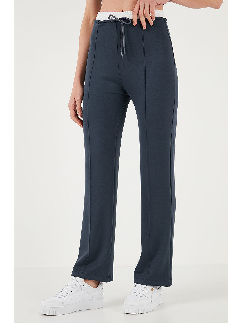 Gri Streç Slim Fit Yüksek Bel Geniş Paça Çimalı Kadın Eşofman Altı 5866078-4