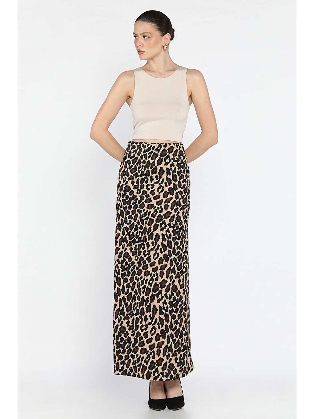 Bej Kadın Leopar Desenli Bel Lastikli Bürümcük Tesettür Etek-1
