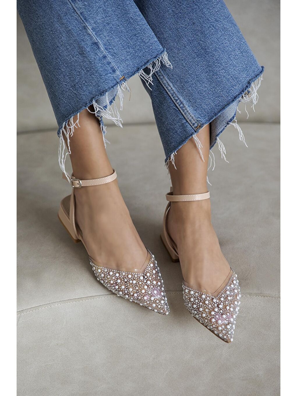 Bej Marisa Kadın Taş Detay Şeffaf Topuklu  Ayakkabı Ten