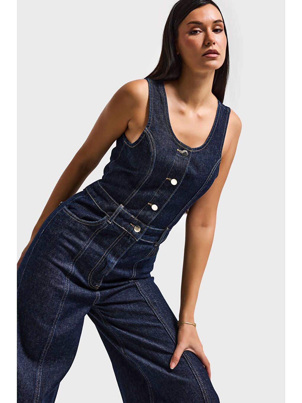 Kadın İndigo Renk 7S6-50 Palazzo Fit %100 Pamuk Denim Slopet Tulum-4