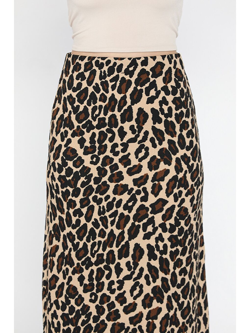 Bej Kadın Leopar Desenli Bel Lastikli Bürümcük Tesettür Etek-2