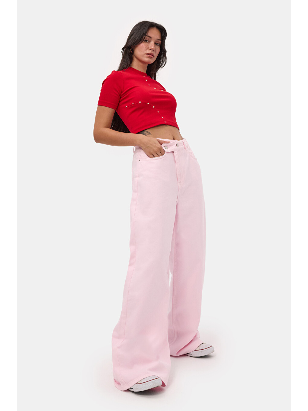 Kadın Light Pembe 6s6-98 Mega Baggy Fit Kemer Detaylı Denim Jean-1