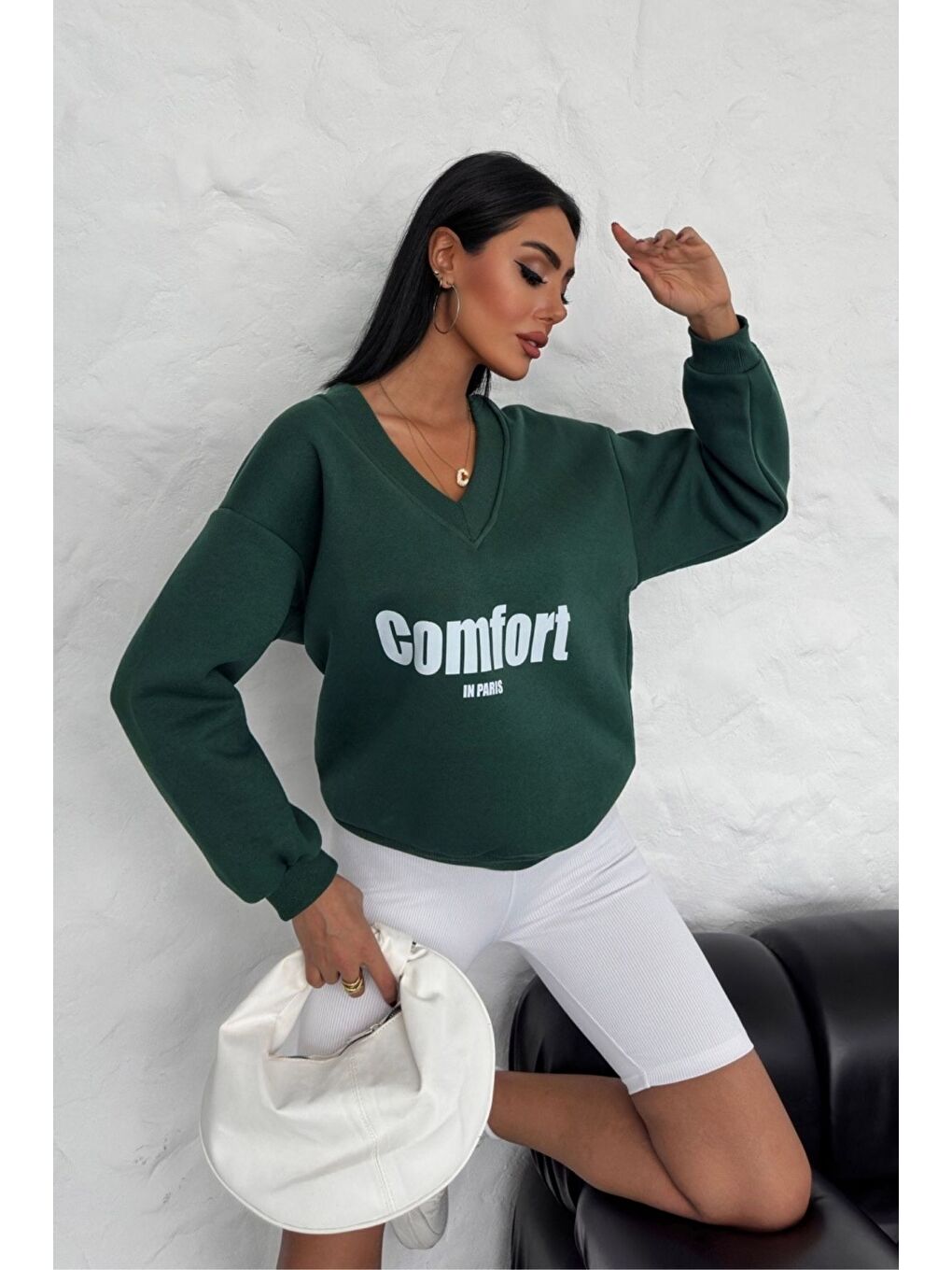 Trendseninle Kadın Yeşil Comfort In Paris Baskılı V Yaka Oversize New Sweatshirt - 4