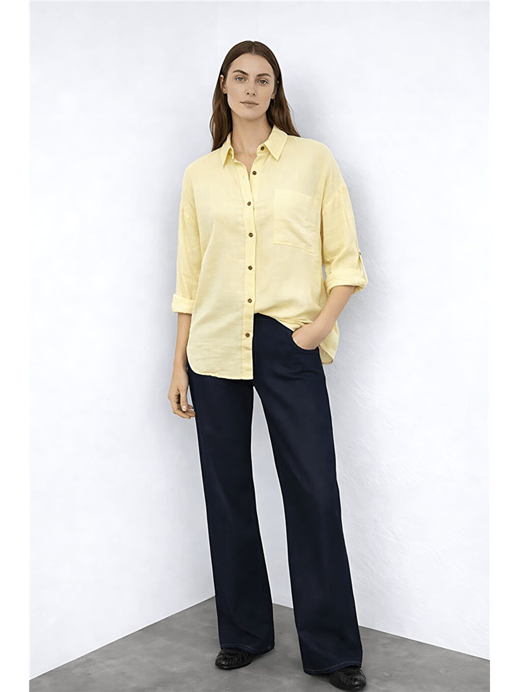 Sarı Pamuklu Rahat Kalıp Uzun Kollu Kadın Gömlek 26Y0245K1-1