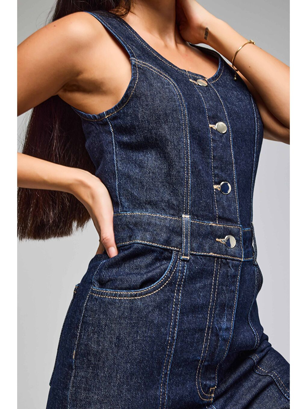 Kadın İndigo Renk 7S6-50 Palazzo Fit %100 Pamuk Denim Slopet Tulum-5