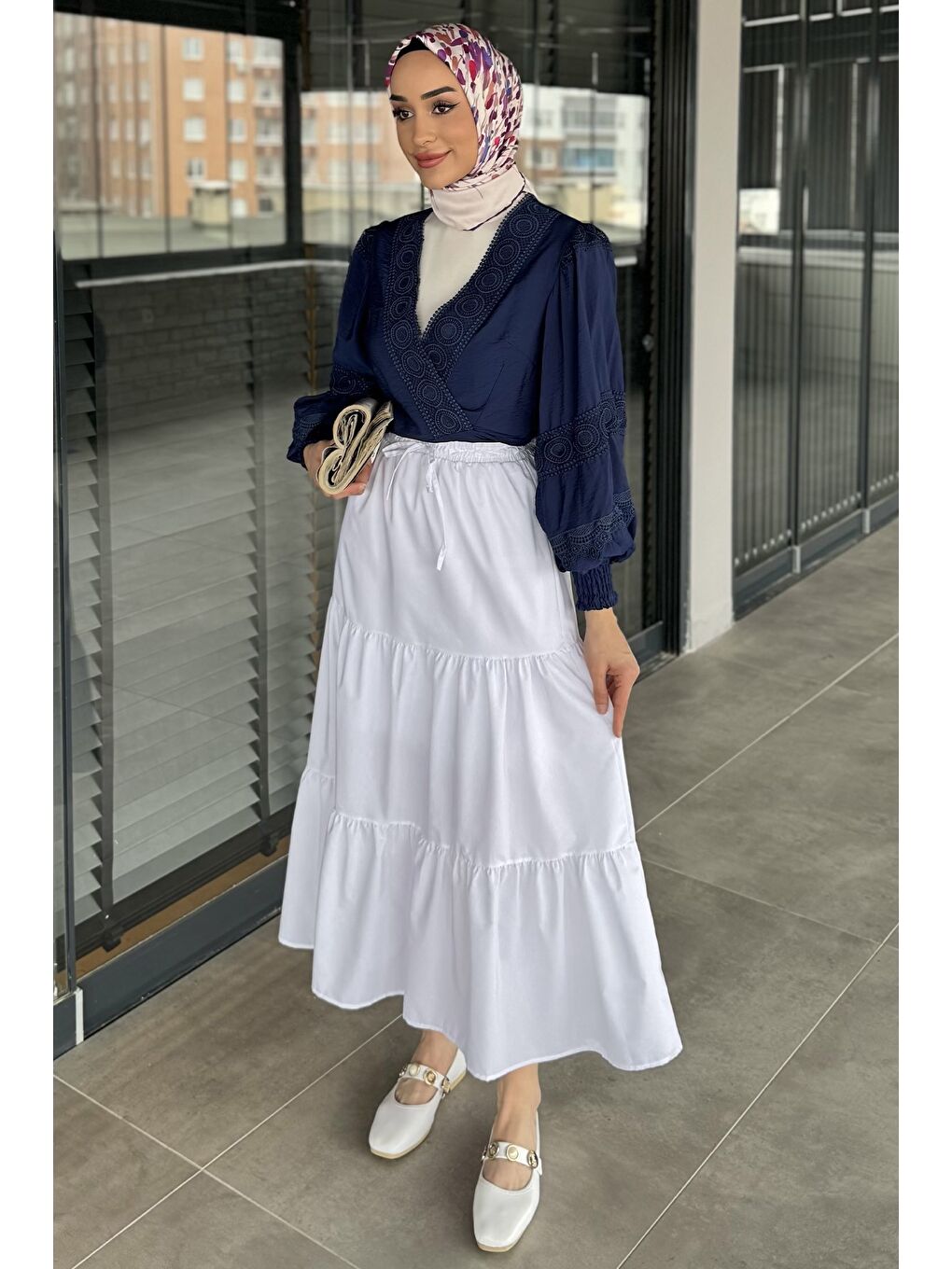 Beyaz Kadın Bel Lastikli Pileli Katlı Tesettür Etek-2