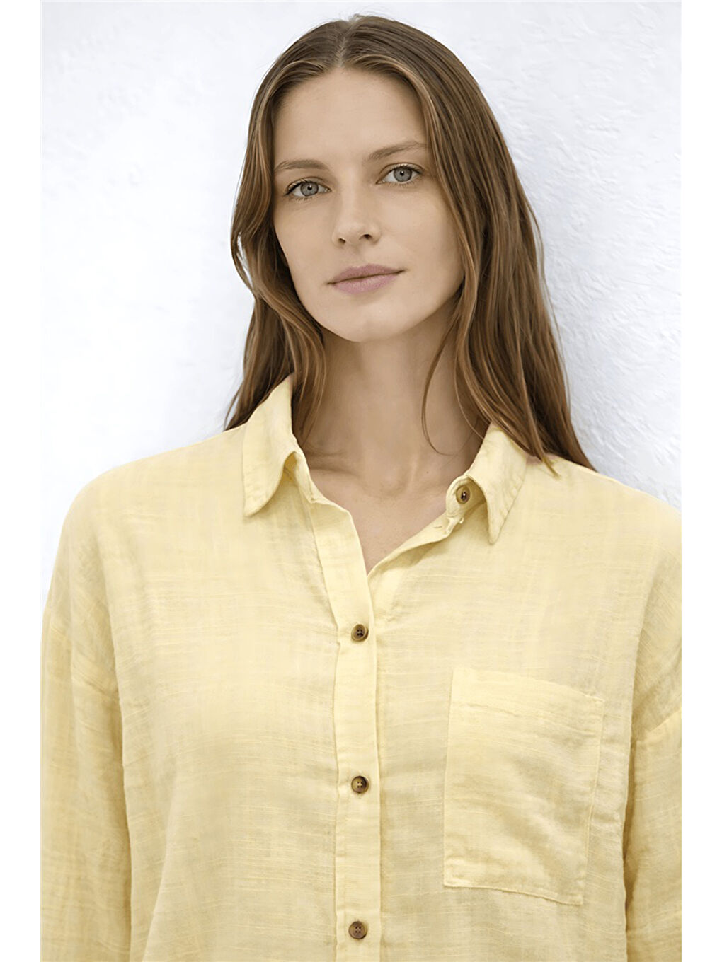 Sarı Pamuklu Rahat Kalıp Uzun Kollu Kadın Gömlek 26Y0245K1-2