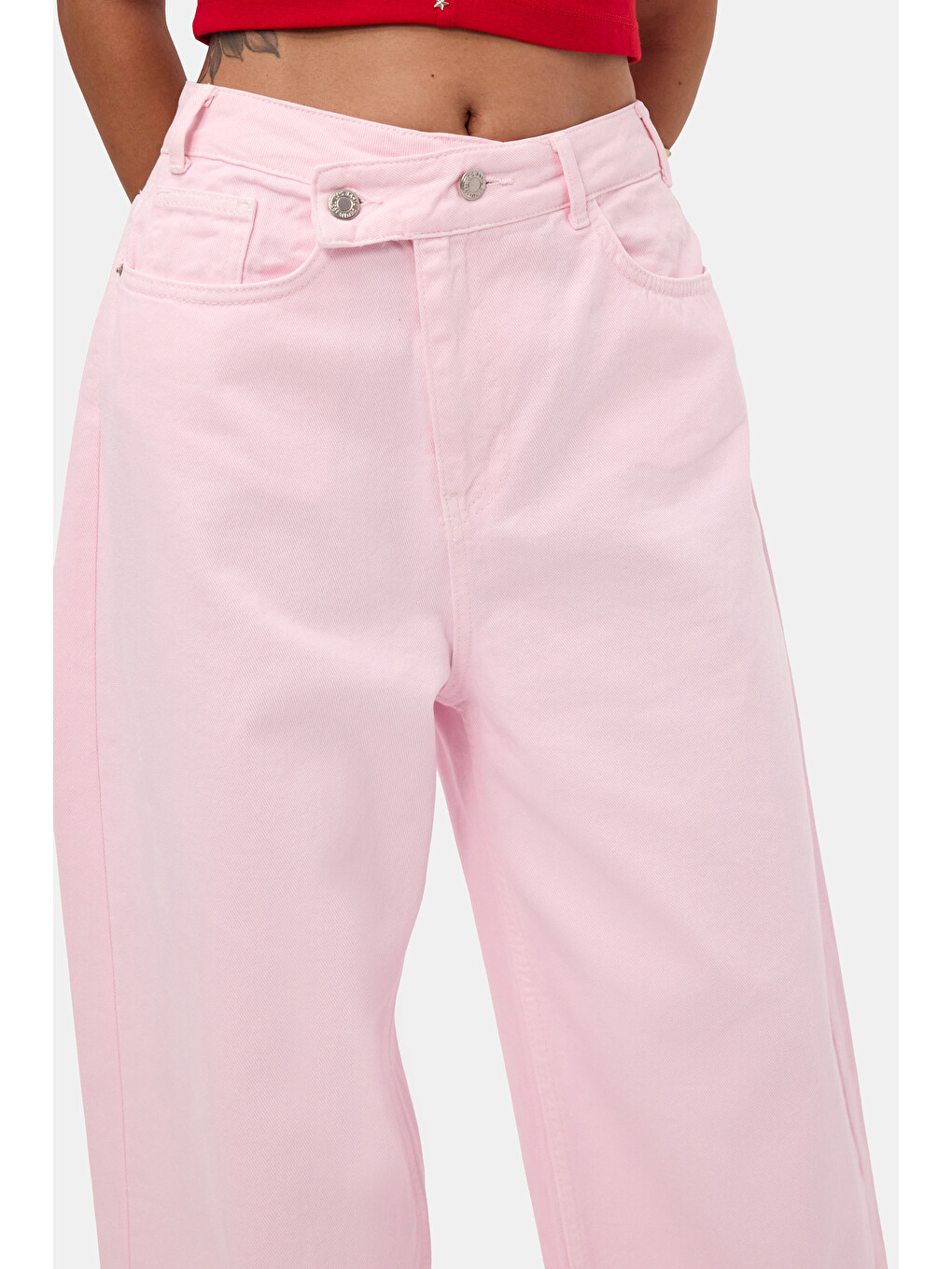 Kadın Light Pembe 6s6-98 Mega Baggy Fit Kemer Detaylı Denim Jean-2