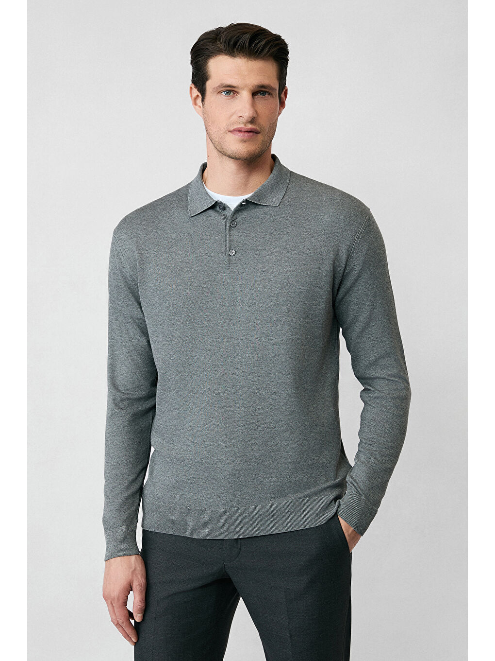 Antrasit Regular Fit Düğmeli Polo Yaka Triko Kazak-2