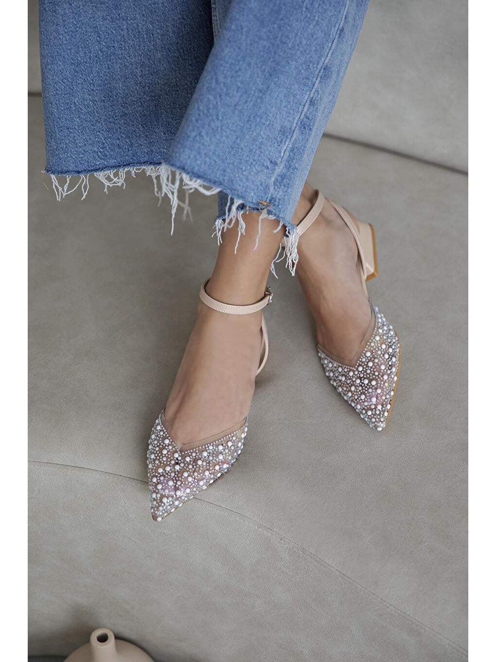 Bej Marisa Kadın Taş Detay Şeffaf Topuklu  Ayakkabı Ten-1