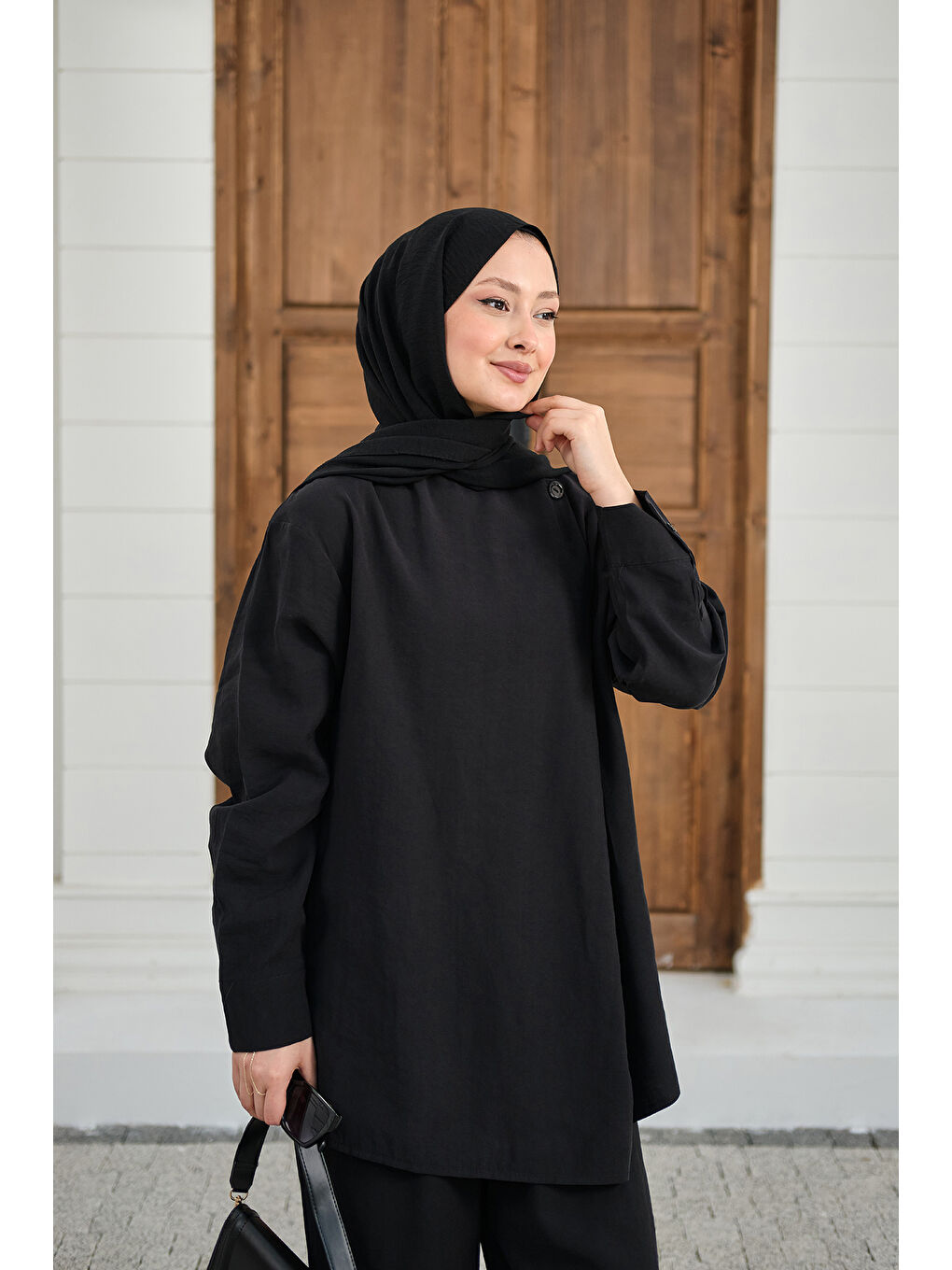 Kadın Yaka Düğme Detay Beli Lastikli Ayarlanabilir İkili Takım Siyah-2