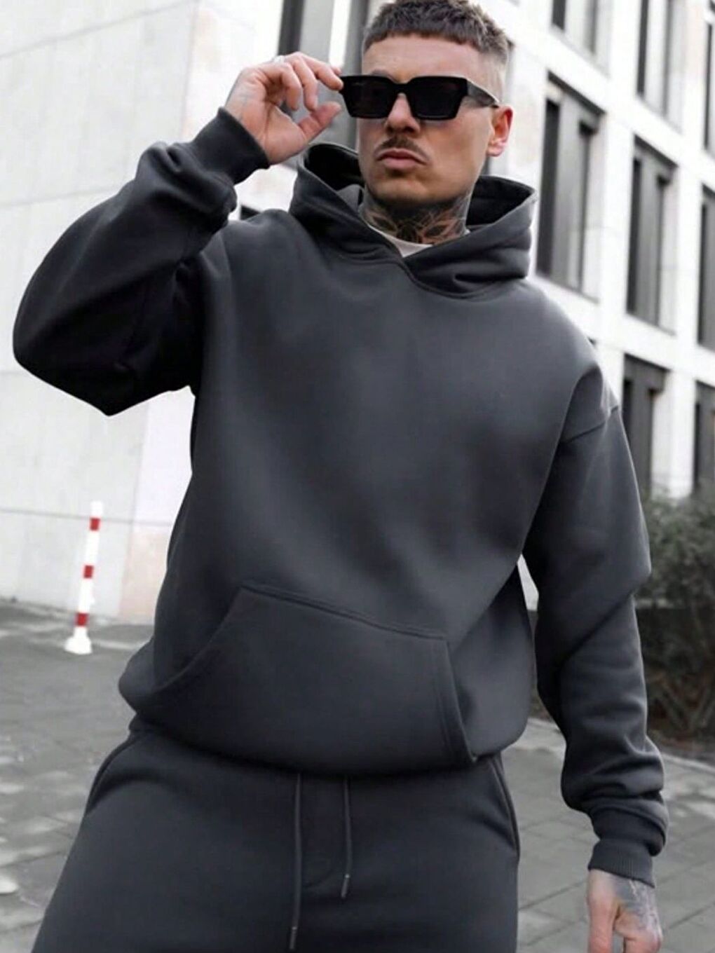 Gri Erkek Füme Oversize Düz Kapüşonlu Sweatshirt