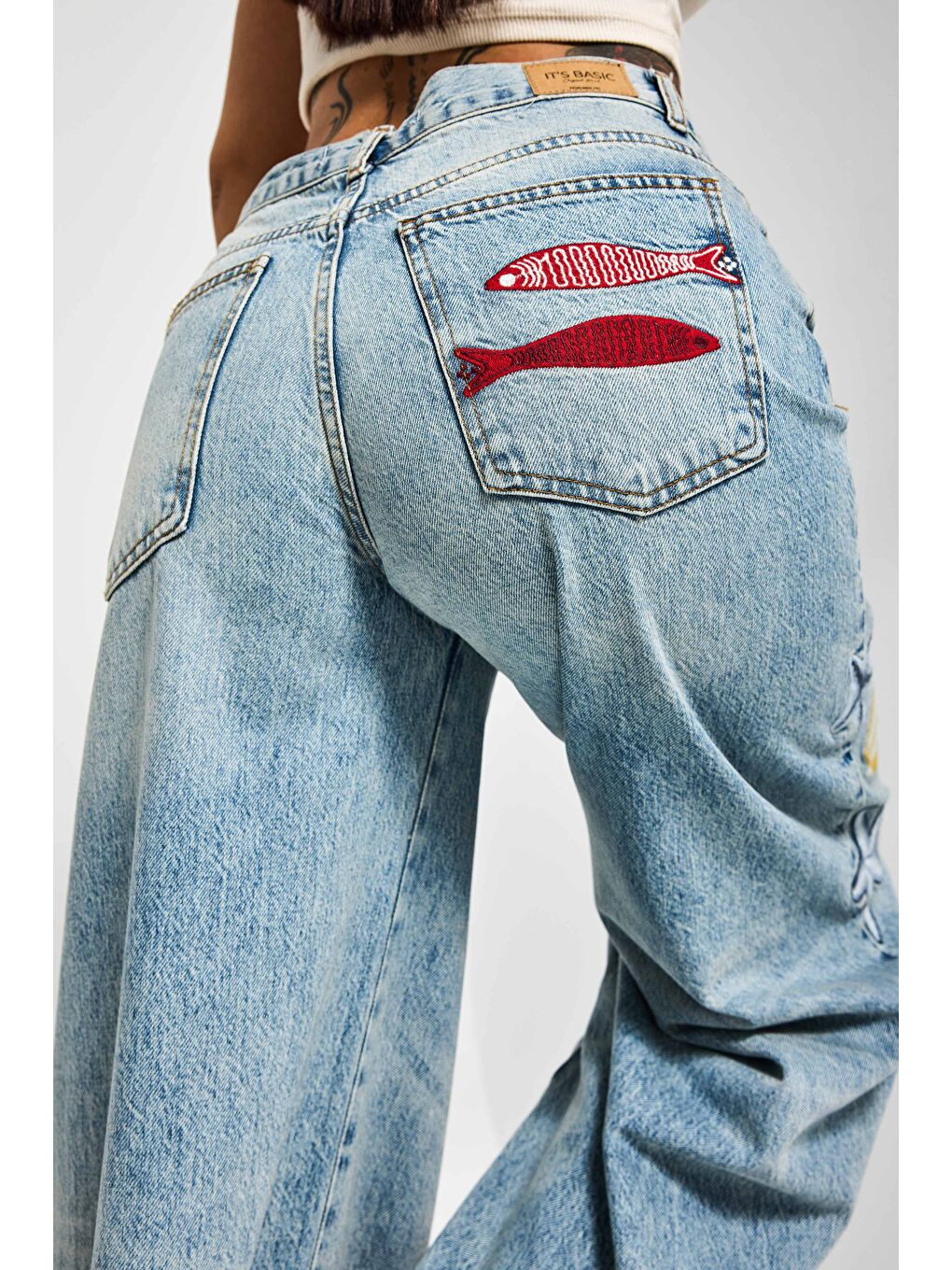 Mavi Kadın Jean Rengi 4s6-32 Palazzo Fit Deniz Dünyası Nakışlı Özel Tasarım Denim Jean-1