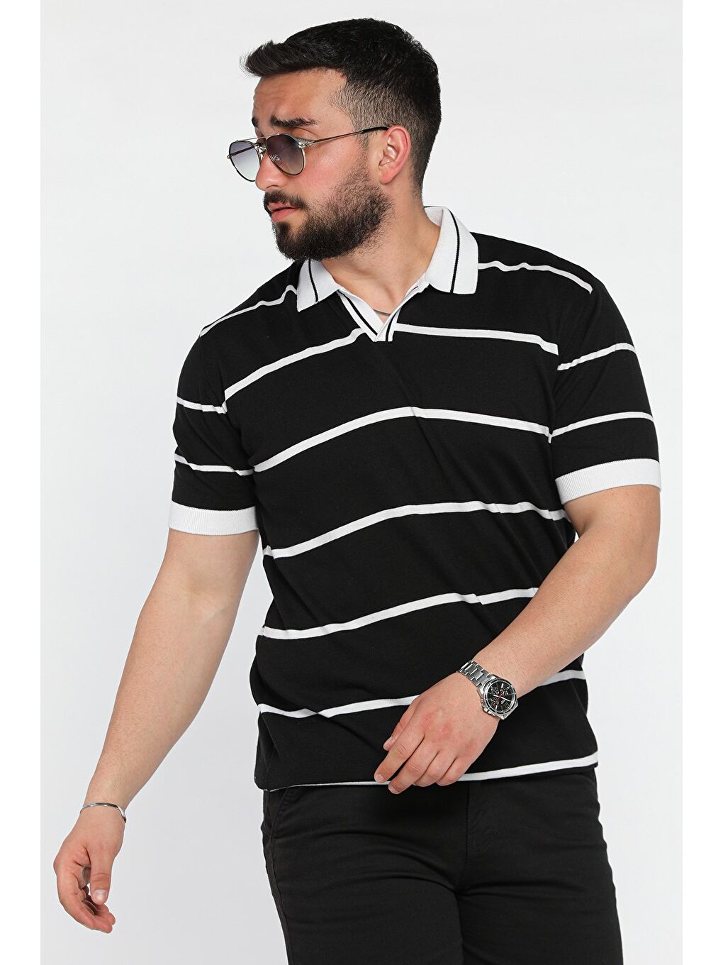 Siyah Erkek Polo Yaka Çizgi Desenli Triko Tişört-1
