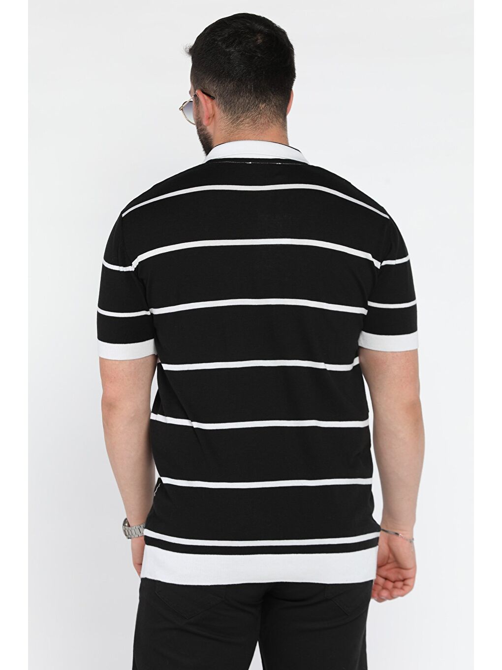 Siyah Erkek Polo Yaka Çizgi Desenli Triko Tişört-2