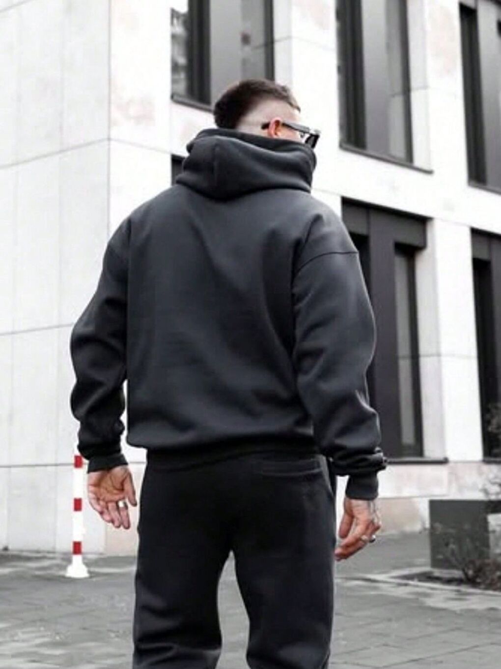 Gri Erkek Füme Oversize Düz Kapüşonlu Sweatshirt-1