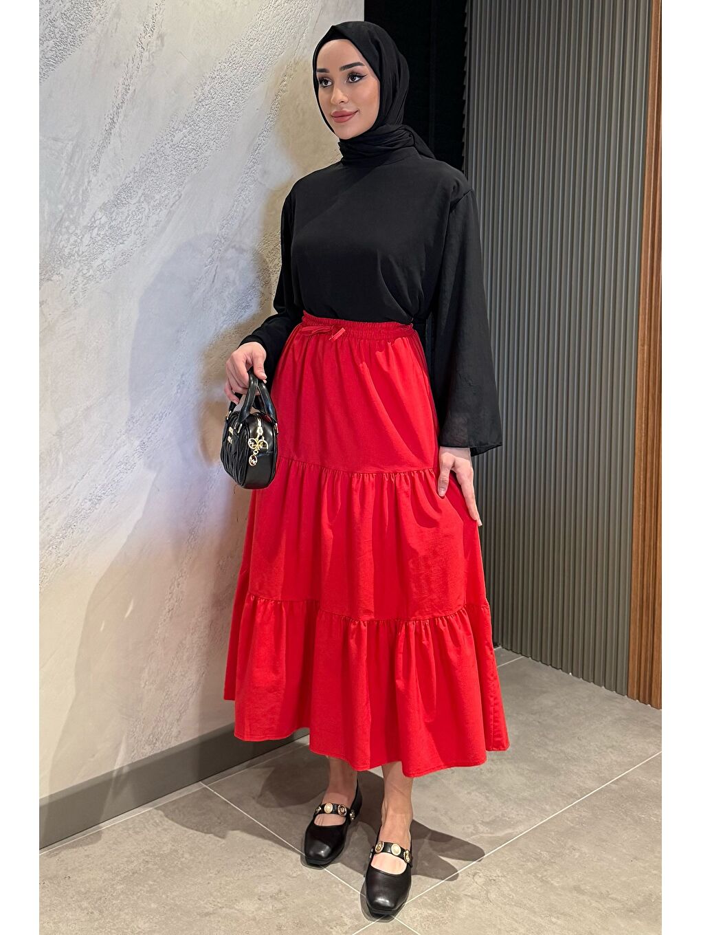 Kırmızı Kadın Bel Lastikli Pileli Katlı Tesettür Etek-3