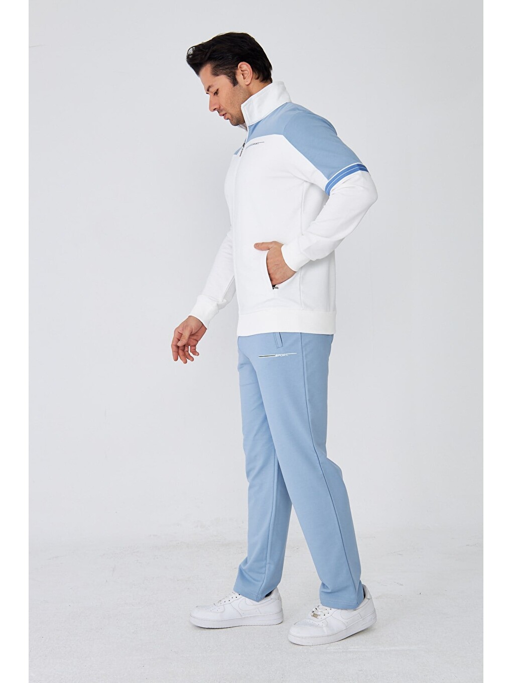 Erkek Pamuklu Dik Yaka Eşofman Takımı K.beyazı-mavi-9537-3