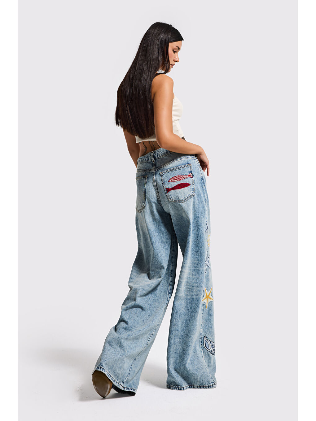 Mavi Kadın Jean Rengi 4s6-32 Palazzo Fit Deniz Dünyası Nakışlı Özel Tasarım Denim Jean-2