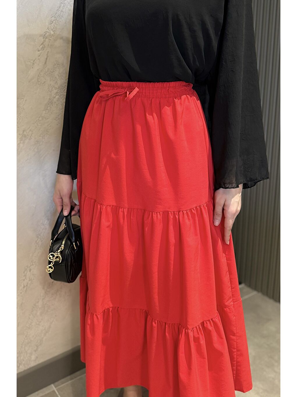 Kırmızı Kadın Bel Lastikli Pileli Katlı Tesettür Etek-4