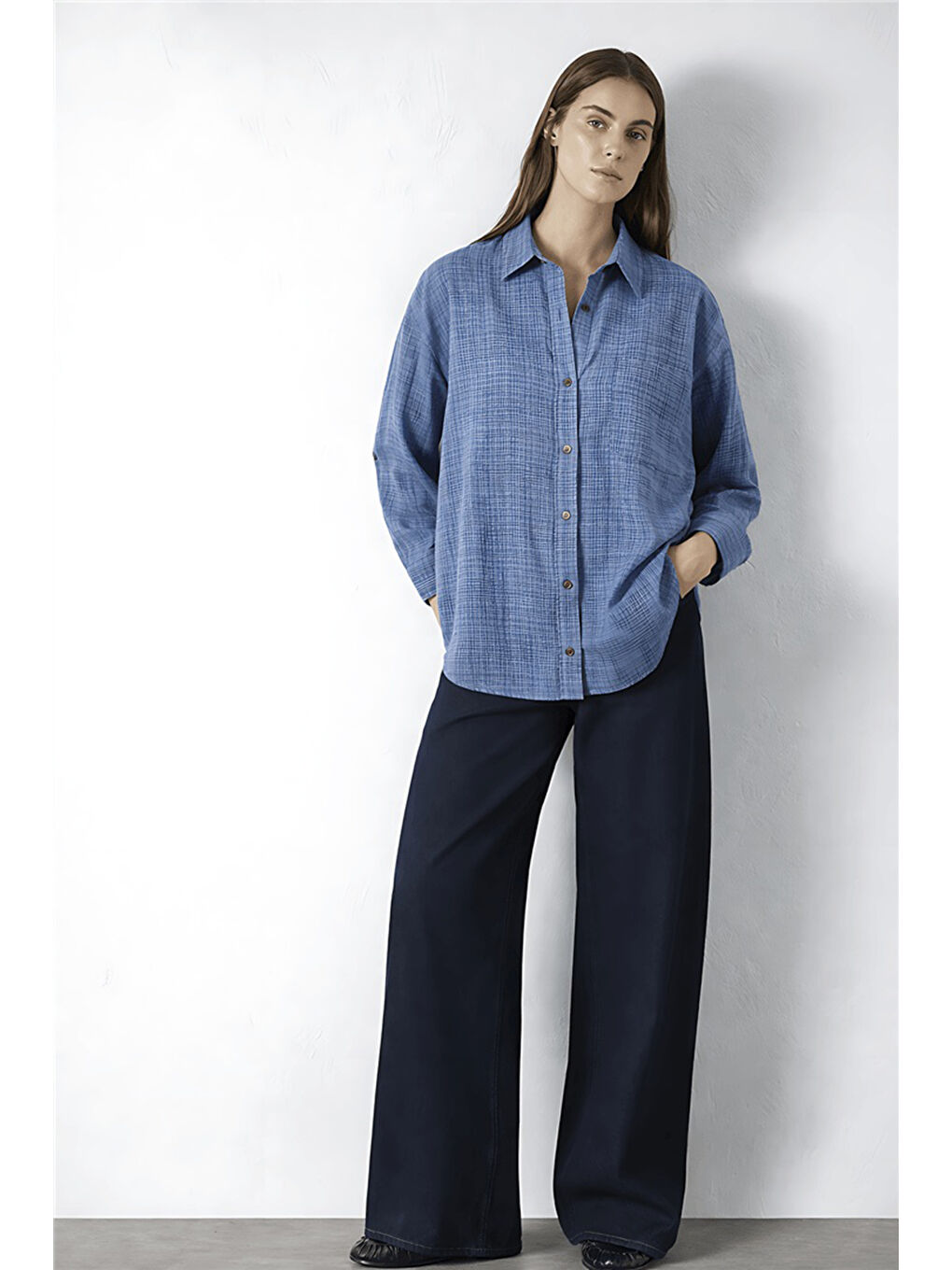 İndigo Pamuklu Rahat Kalıp Uzun Kollu Kadın Gömlek 26Y0245K1-1