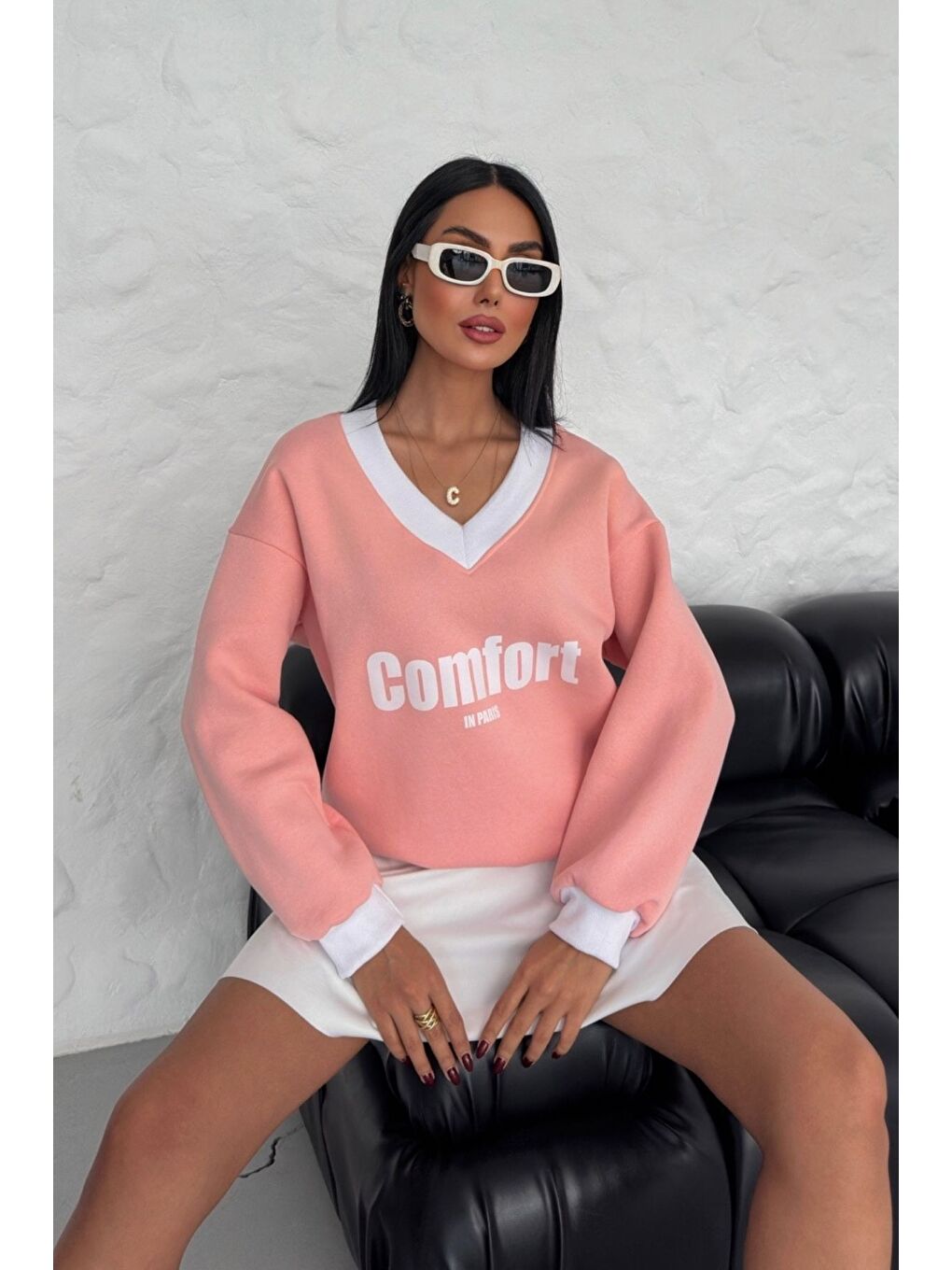 Trendseninle Kadın Pudra Pembe Comfort In Paris Baskılı V Yaka Oversize New Sweatshirt - 1