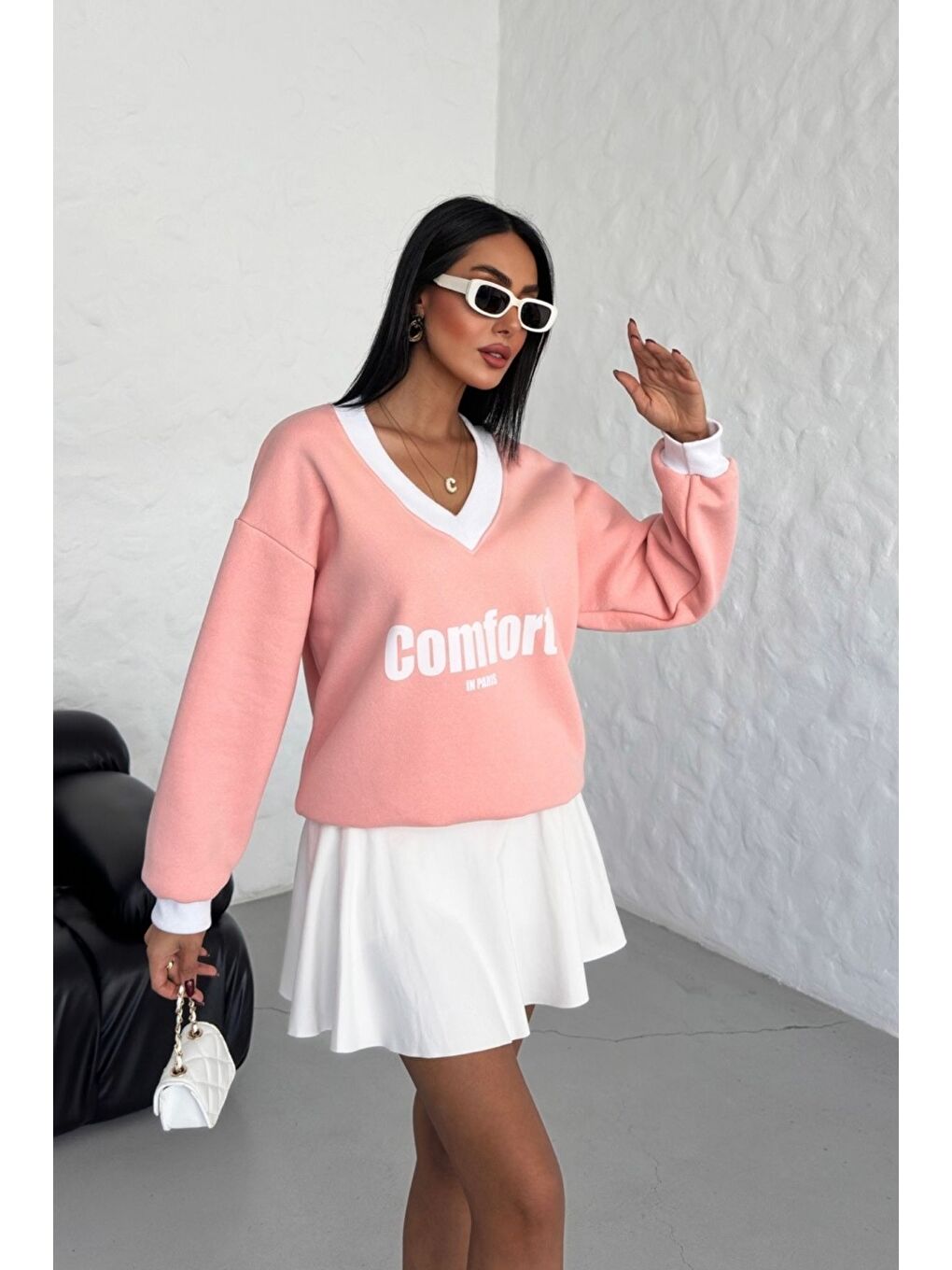 Kadın Pudra Pembe Comfort In Paris Baskılı V Yaka Oversize New Sweatshirt-2