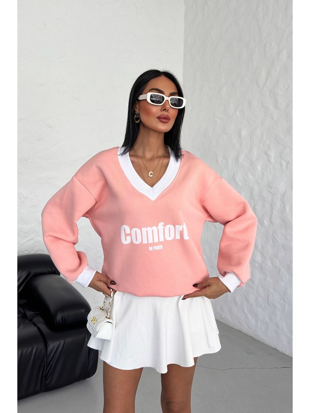 Kadın Pudra Pembe Comfort In Paris Baskılı V Yaka Oversize New Sweatshirt-3