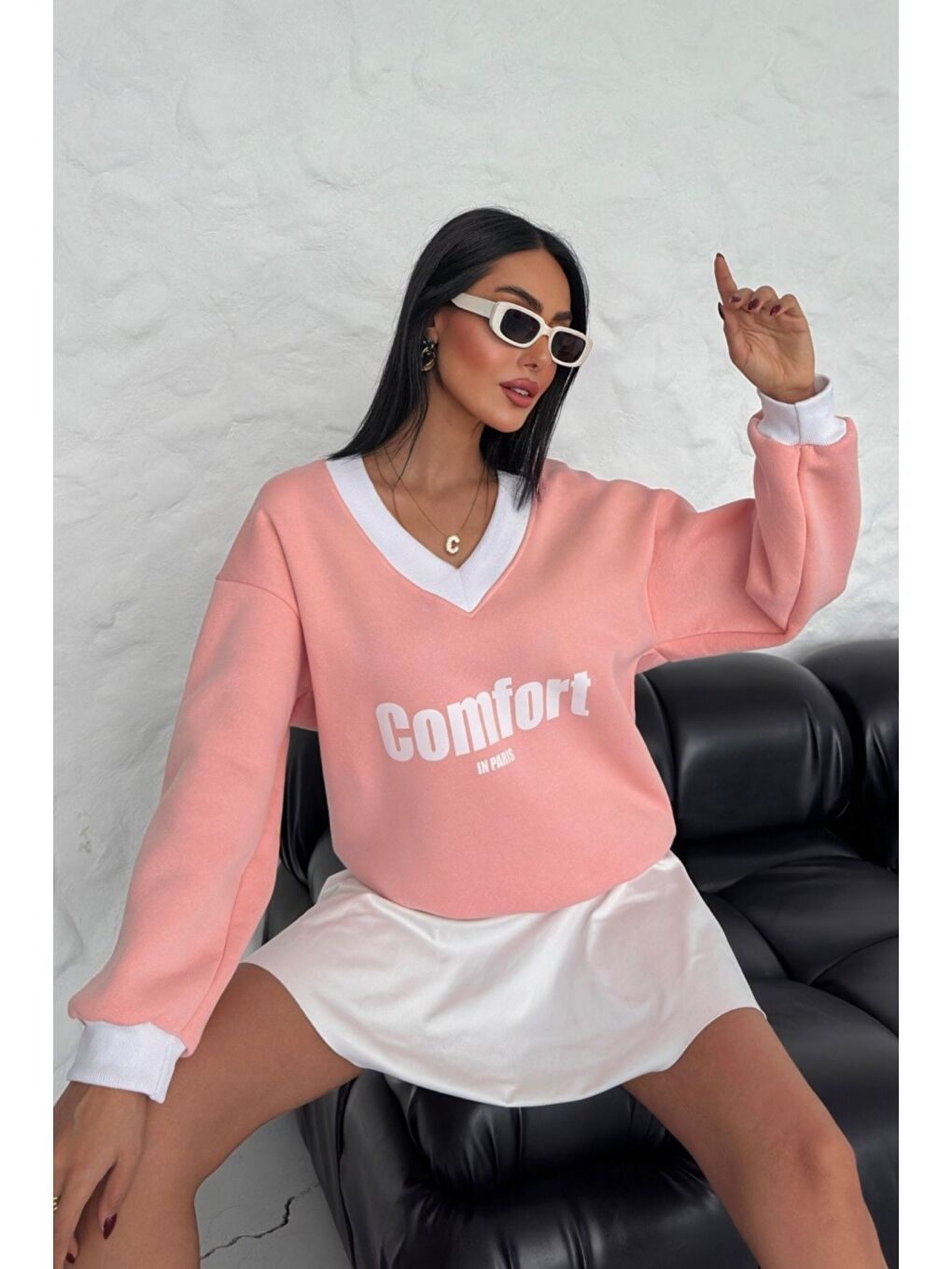 Kadın Pudra Pembe Comfort In Paris Baskılı V Yaka Oversize New Sweatshirt-4
