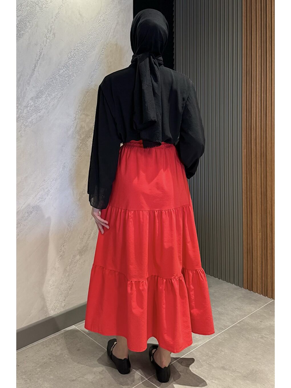 Kırmızı Kadın Bel Lastikli Pileli Katlı Tesettür Etek-6